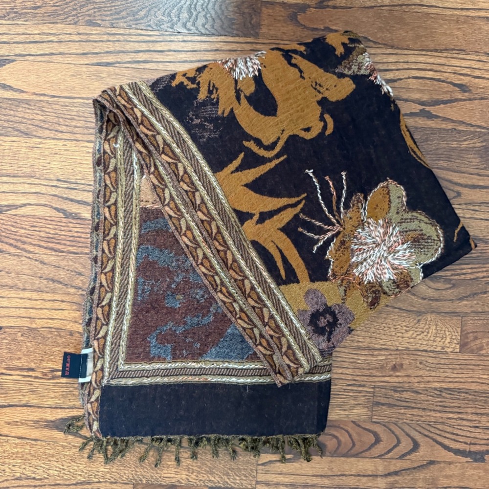 Malini Womens 100% Wool Floral Scarf Shawl Fringe Embroidery‎ 70X25 Vintage